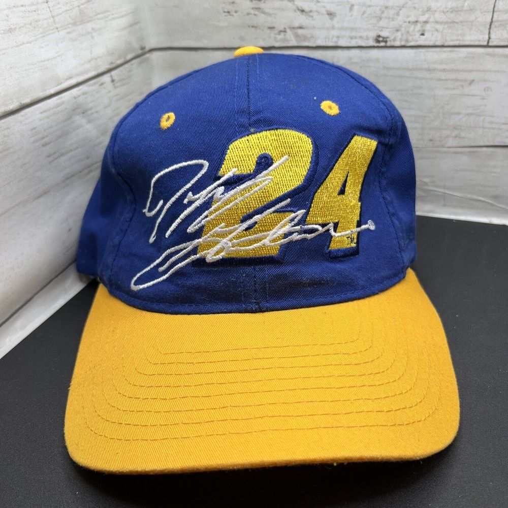 Vintage NASCAR Jeff Gordon 24 Racing SnapBack Hat Cap Yellow Bill Blue Hat